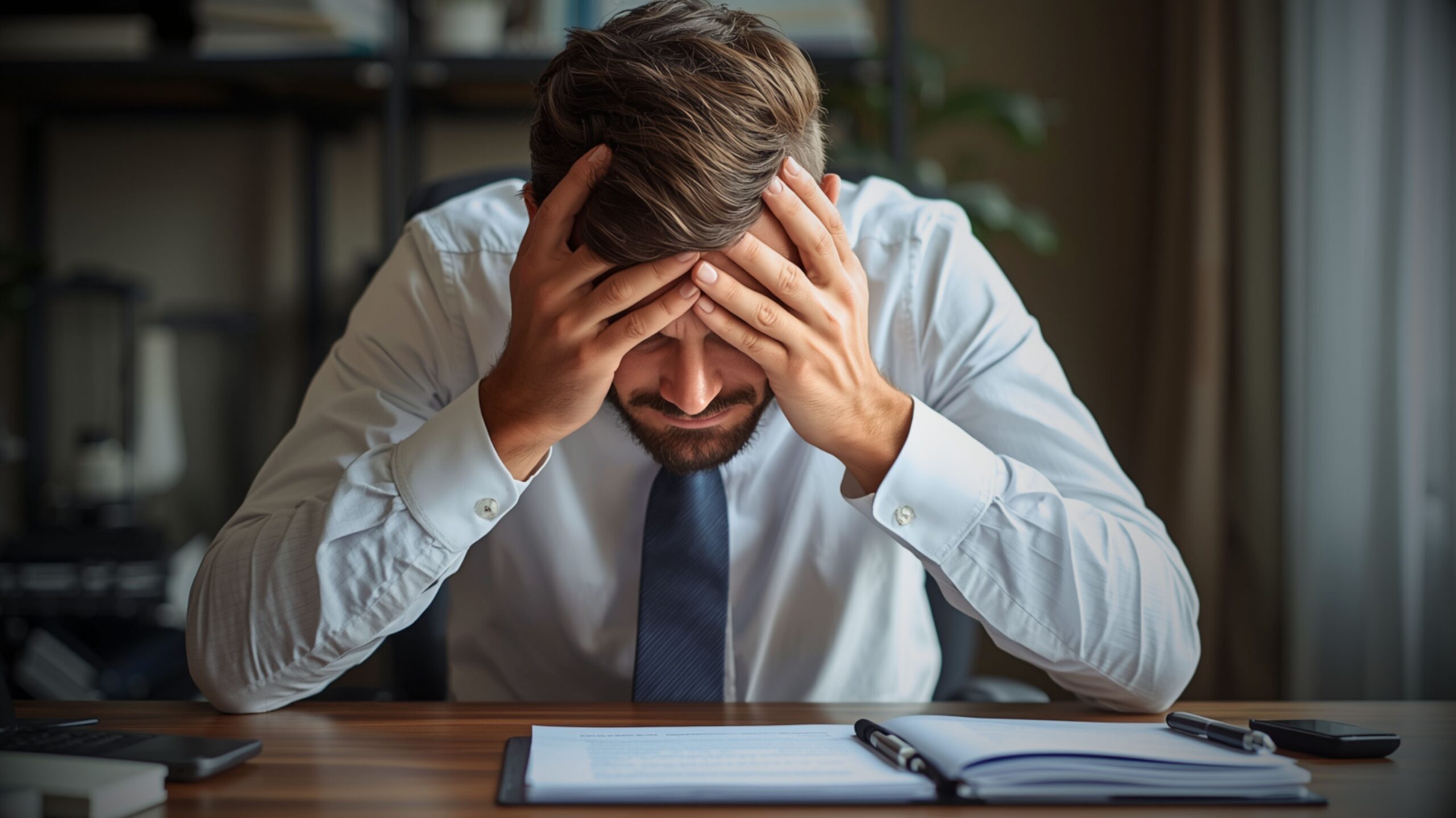 Frustrated man at desk holds his head in hands, highlighting an unfair market value insurance pay-out for a performance car.
