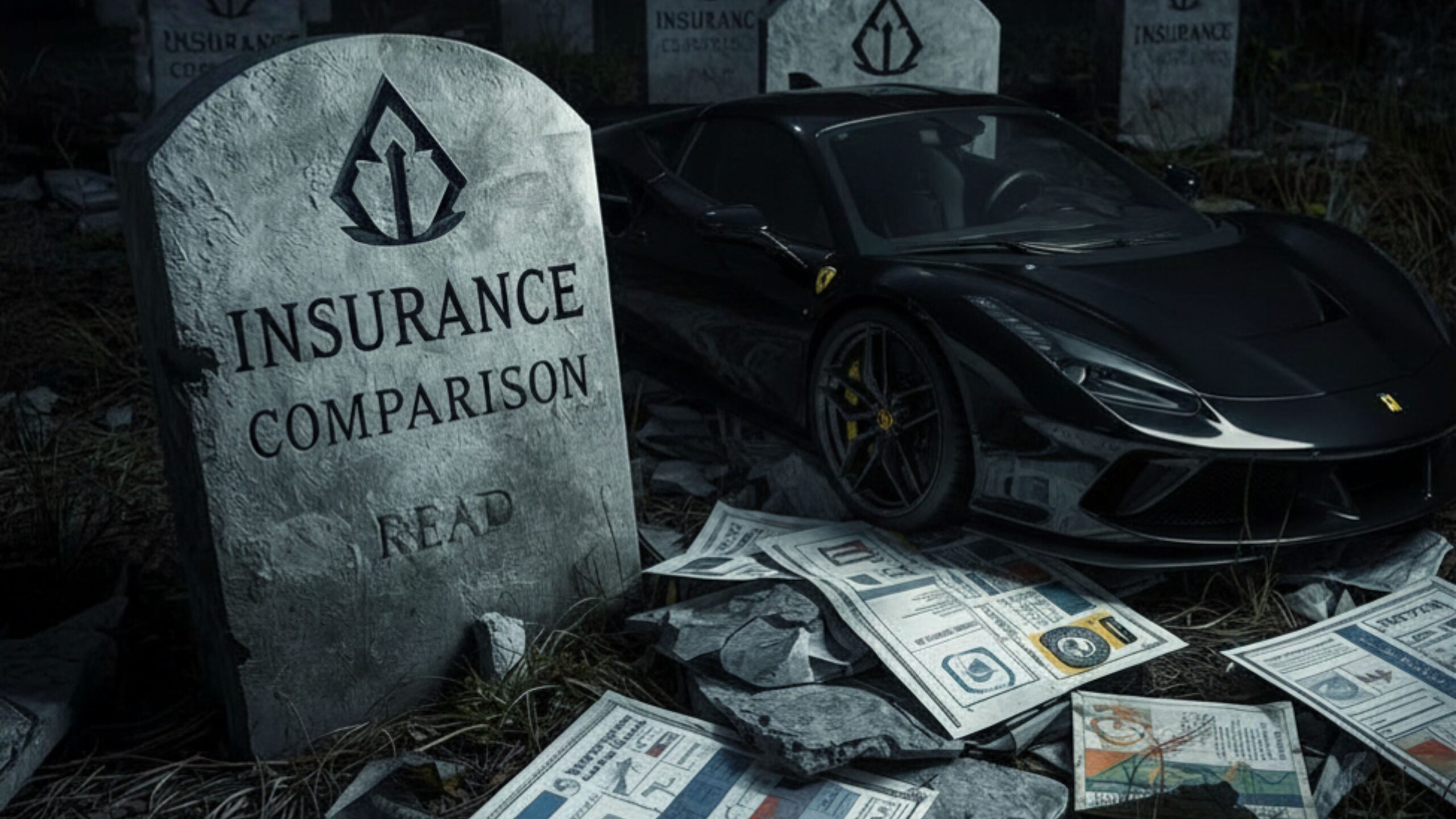 Insurance Comparison Sites: A black Ferrari situated in a dark graveyard next to a tombstone reading "Insurance Comparison Site," symbolising the decline of traditional price comparison platforms.