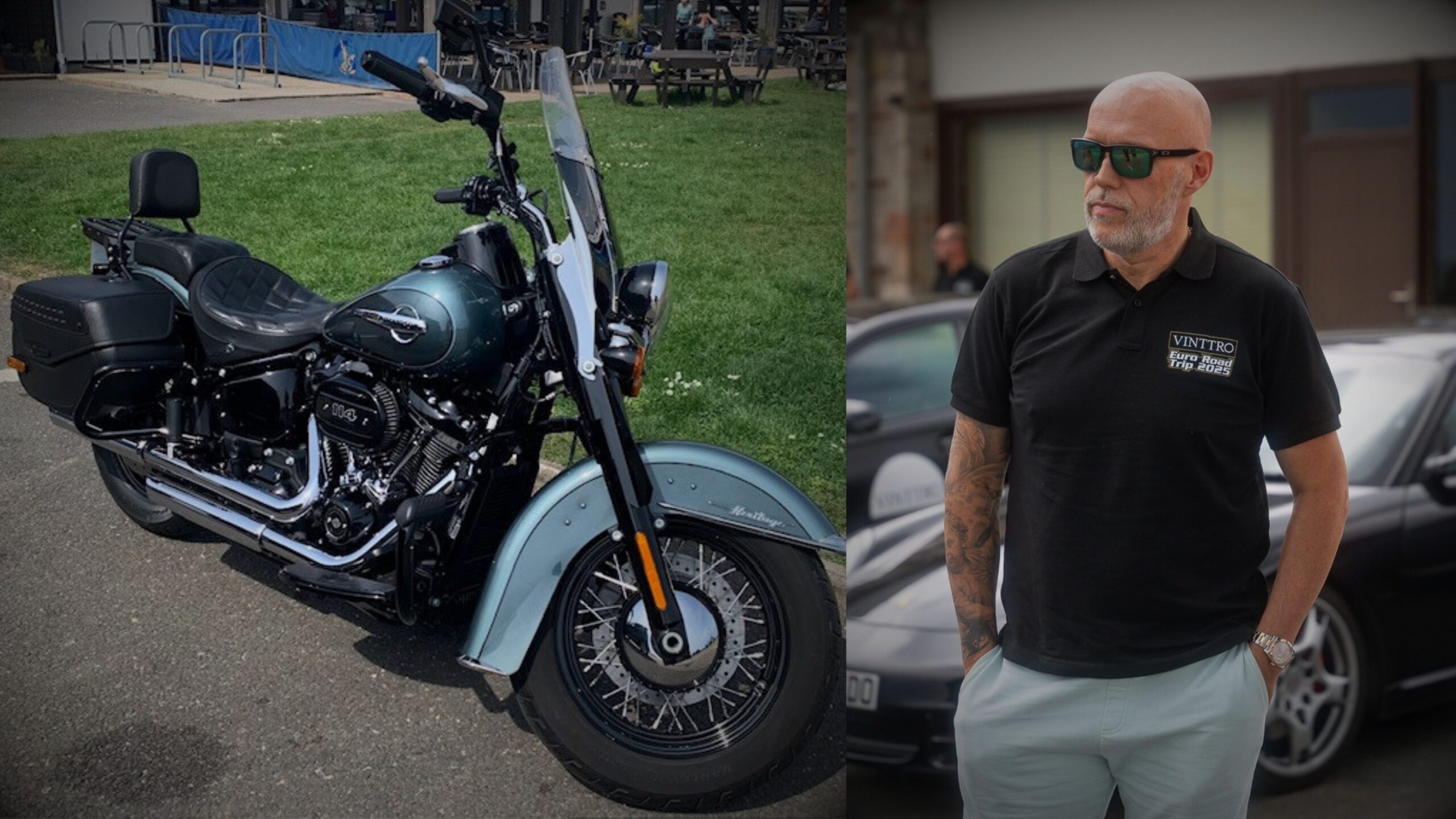 A side-by-side composite image featuring a classic teal Harley-Davidson Heritage Softail 114 cruiser motorcycle and, on the right, VINTTRO Broking Director, and Co-owner, Jason Balls wearing a "VINTTRO Euro Road Trip polo shirt, sunglasses, and shorts.