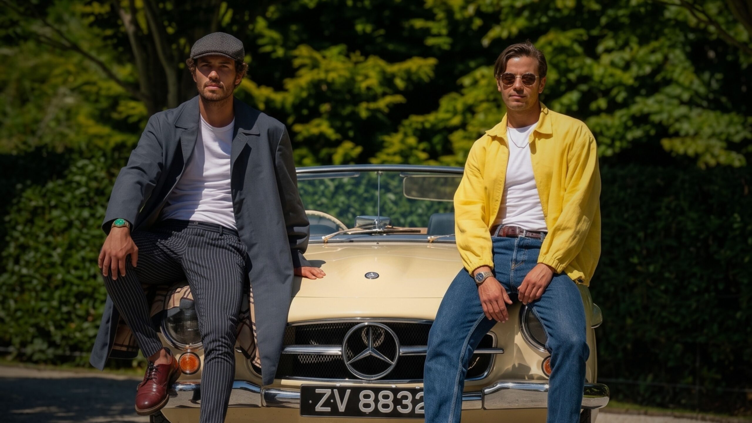 Two men in vintage fashion sitting on the hood of a classic cream-colored Mercedes-Benz convertible on a sunny day.