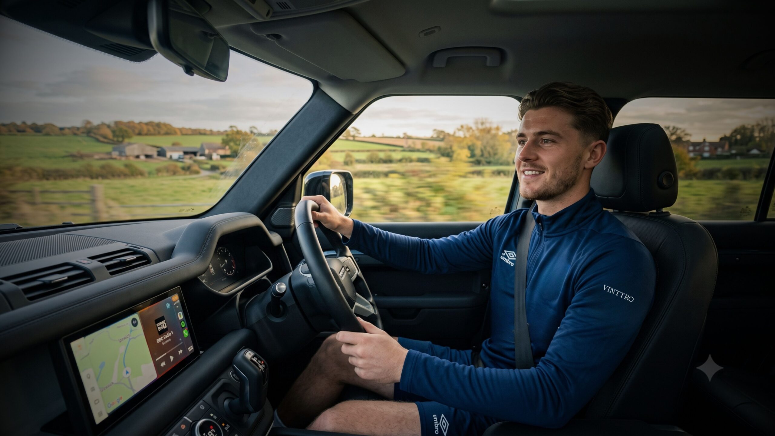 A professional footballer in a blue Umbro training kit with the VINTTRO crest, smiling while driving a right-hand-drive car through a rural countryside landscape.