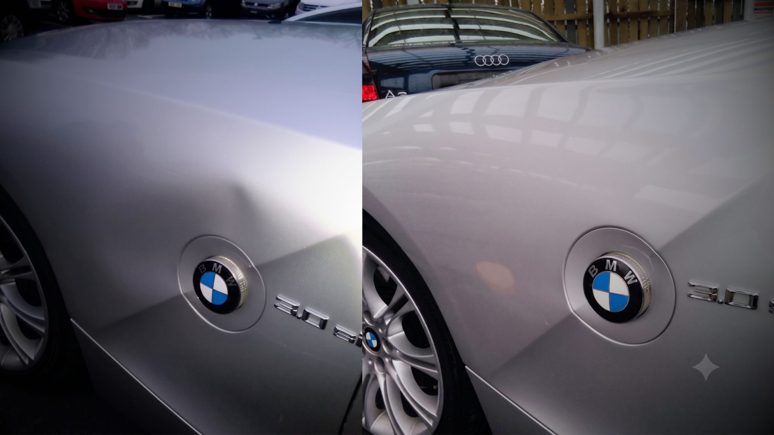 BMW DENT REPAIRS 4 A side-by-side comparison image demonstrating the effectiveness of VINTTRO’s paintless dent removal. The left panel shows a deep crease on the front wing of a silver BMW 3.0si near the badge and wheel. The right panel shows the same area perfectly smooth and restored to its original factory condition.