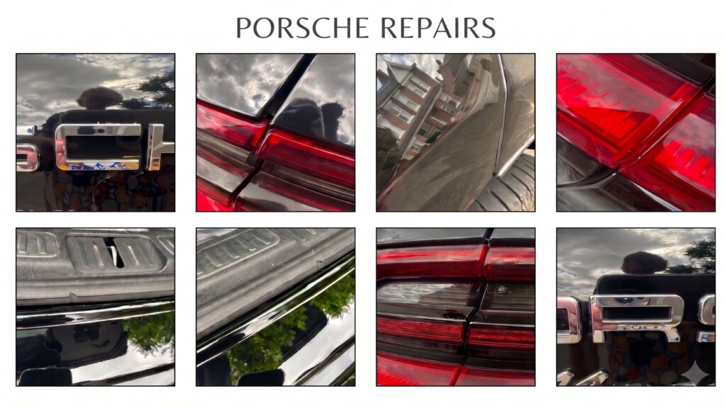 A grid of eight close-up photos titled "PORSCHE REPAIRS" highlighting poor repair work on a black Porsche, including misaligned body panels, uneven taillight gaps, and crooked lettering badges