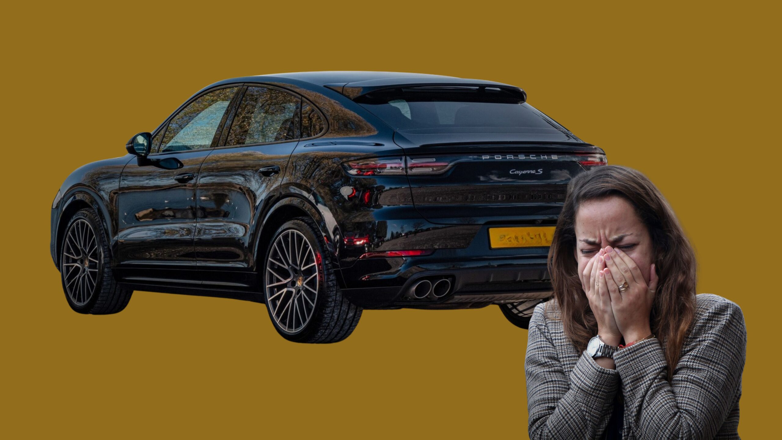 A photo featuring a black Porsche Cayenne Coupe parked on the left and a distressed woman covering her face in distress after poor repairs