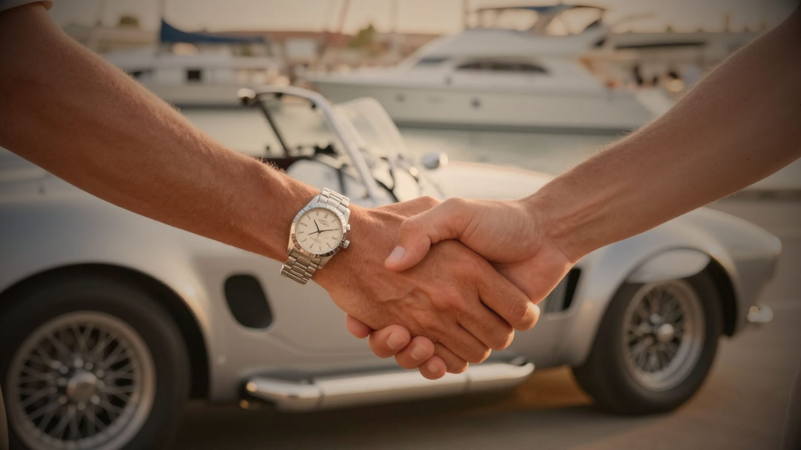 Close-up of a handshake between a two professional people with a silver AC Cobra and yacht in the background.