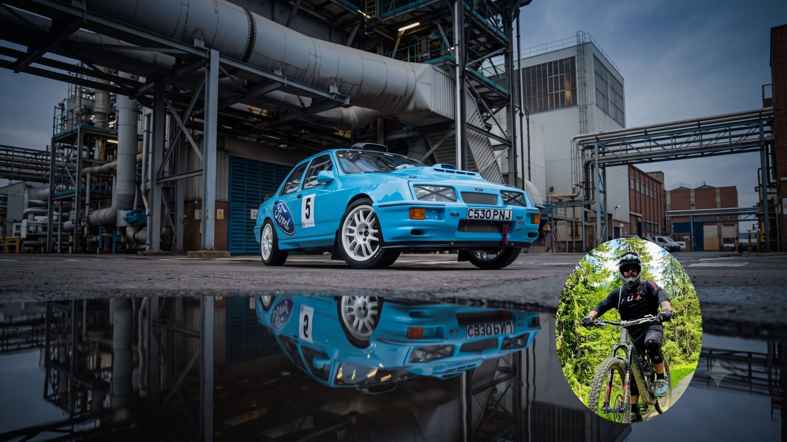 A composite image featuring a light blue Ford Sierra RS Cosworth rally car parked in front of an industrial facility with its reflection in a puddle, overlaid with a circular inset portrait of Gavin Pink riding a mountain bike in full protective gear on a forest trail.