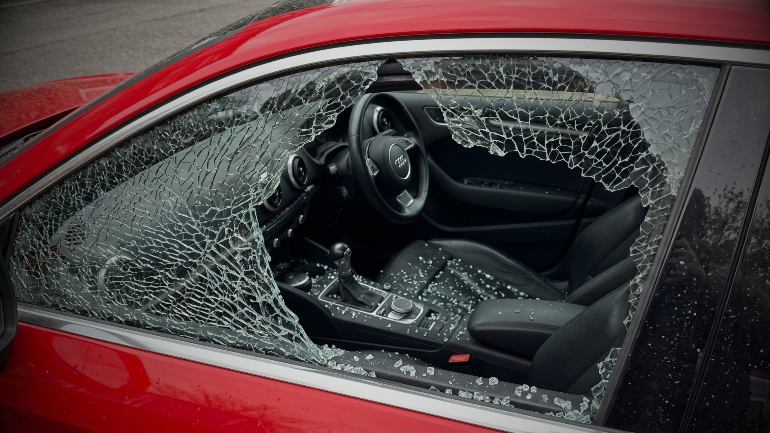 Severely shattered driver's side window of a red Audi with broken glass scattered over the interior seats and centre console.