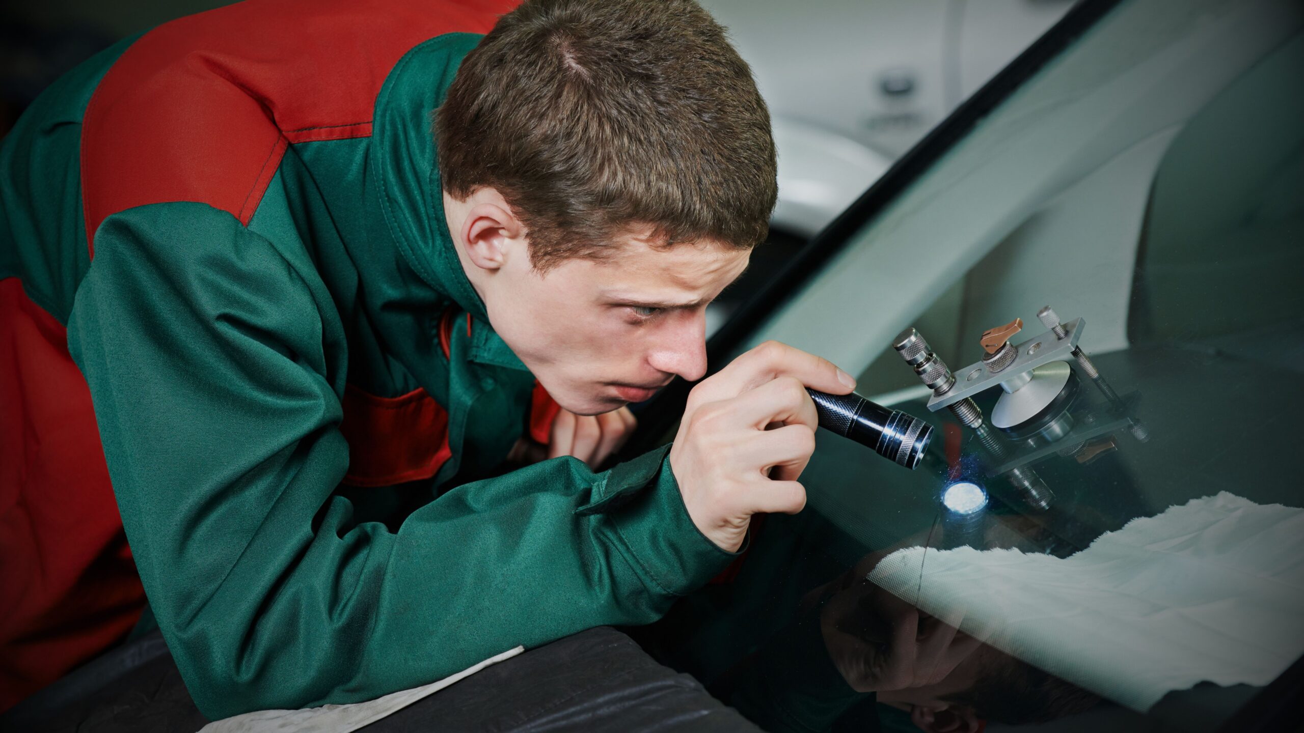 Windscreen Repair Automotive glass technician leaning over a car windscreen, inspecting a resin stone chip repair with a handheld torch.